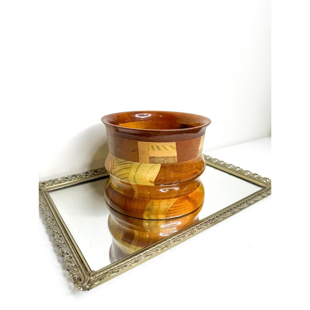 Stunning Vintage Handcrafted Turned Segmented Inlaid Wood Decorative Vase Bowl